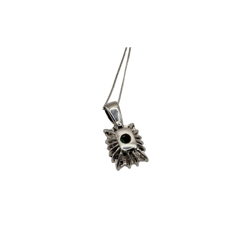 Diamond and Emerald 18ct Cluster Pendant, On Fine 9ct Chain. 0.5ct and 5g+
