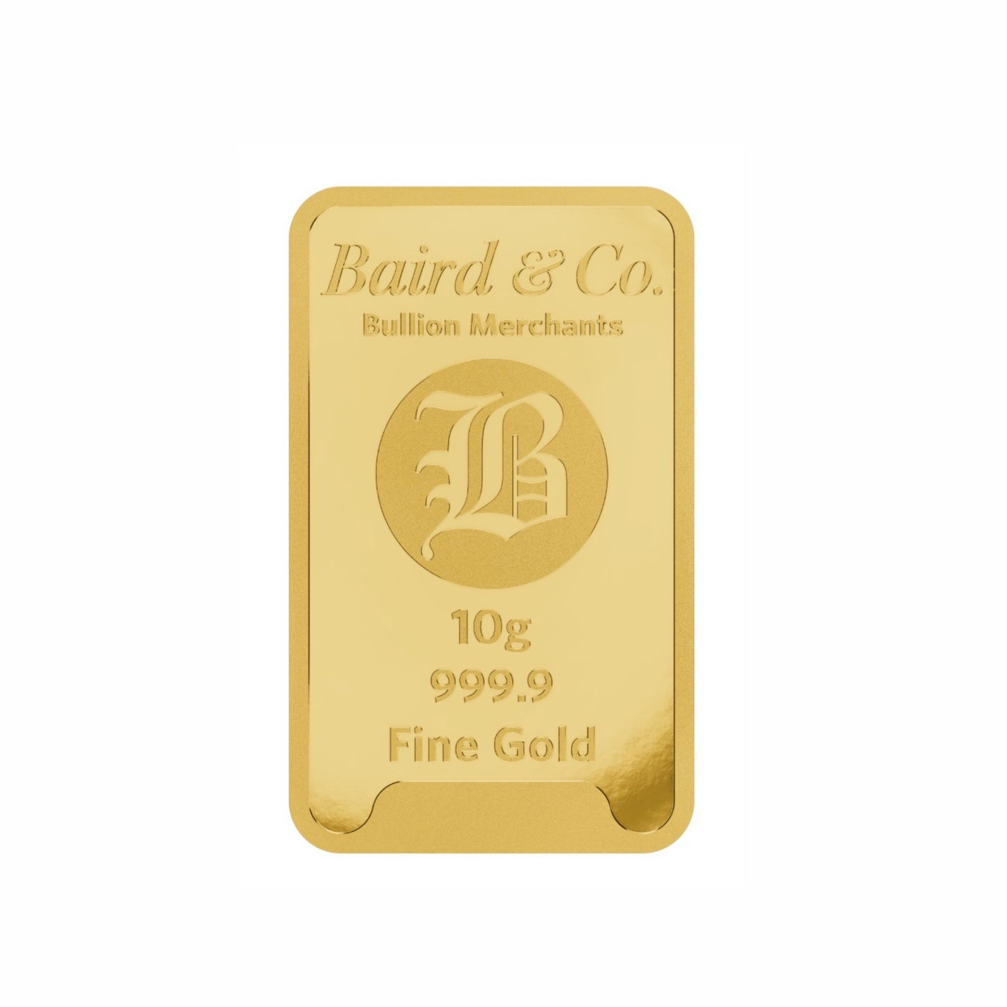 10g 9999 gold bullion Baird & Co London minted bar in assay card.