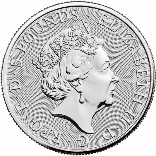 2022 Lion of England 2oz 999 silver coin obverse, Queen Elizabeth II profile, 5 pounds, J.C mint mark.