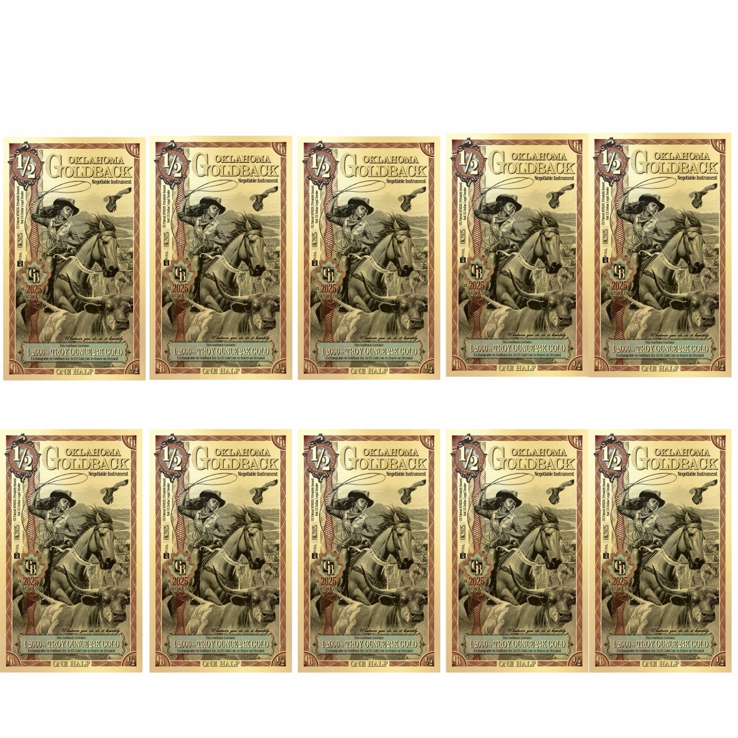 10 x 1/2 Oklahoma Goldback 10 x 1/2000oz of 24k Gold (Copy)