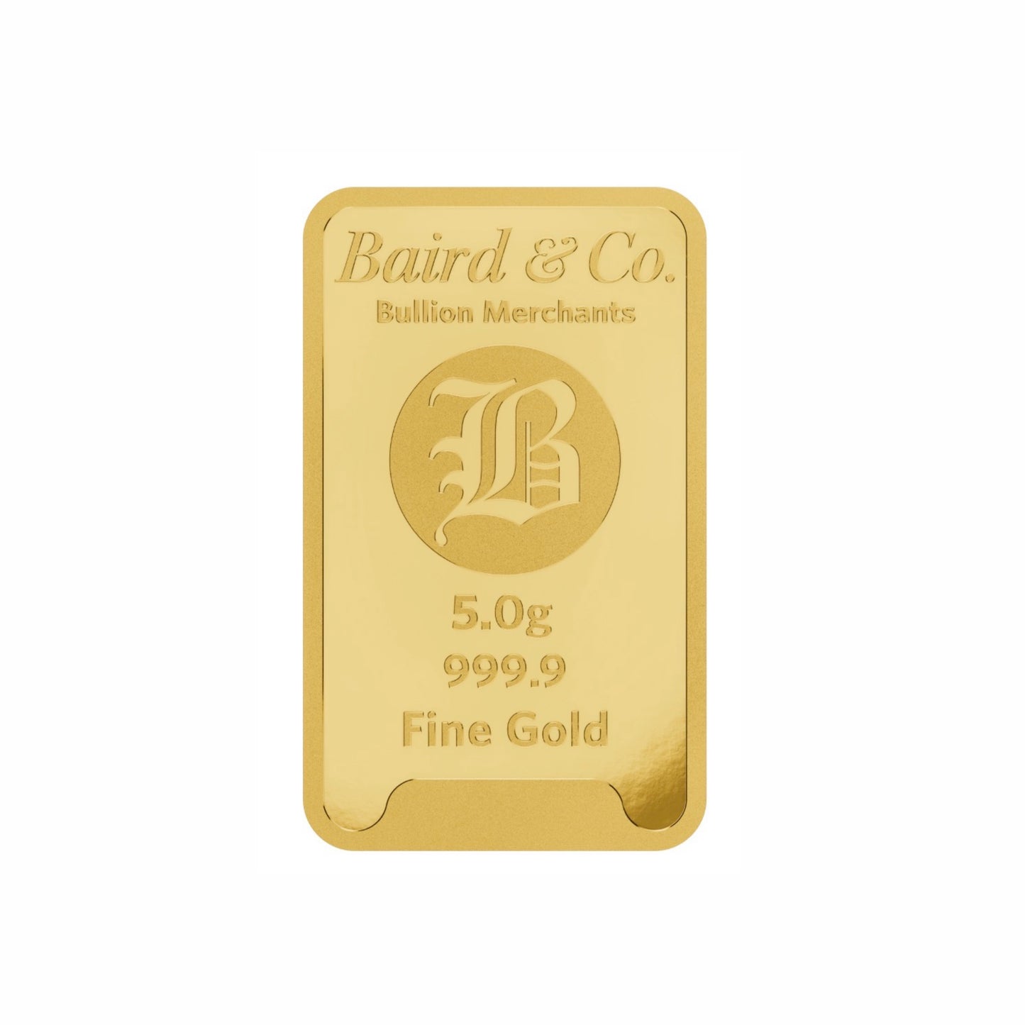 5g 9999 Gold Bullion Minted Bar made by Baird and Co London in Assay Card