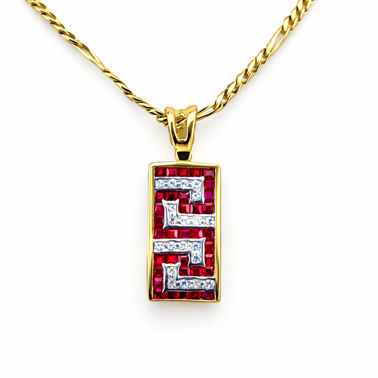 14ct Gold Diamond and Ruby Pendant, on 16in 14k Figaro Chain, Stamped 585 9g