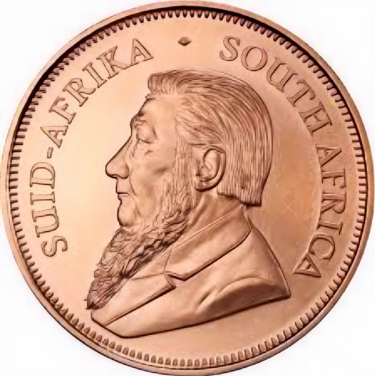 1oz Gold Krugerrand coin, mixed years, featuring profile and "SUID-AFRIKA SOUTH AFRICA" text.