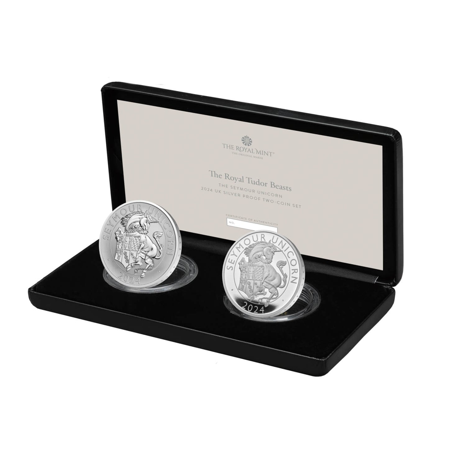 The Royal Tudor Beasts The Seymour Unicorn 2024 UK Silver Proof Two-Coin Set, Limited Editions 750, Boxed with COA
