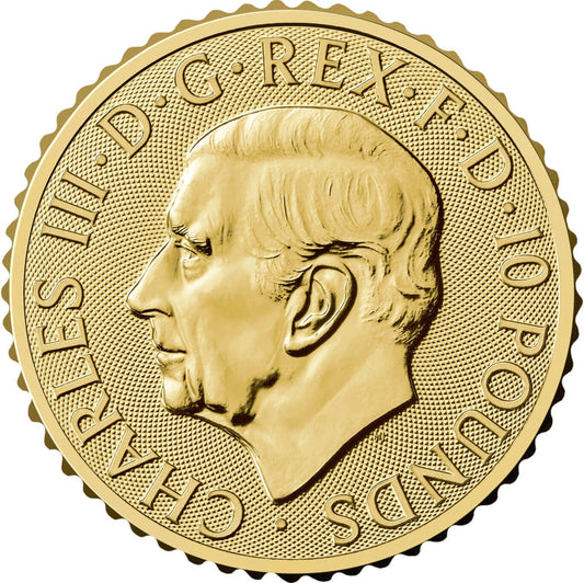Britannia 2025 1/10oz Gold Coin, Royal Mint, 10 Pounds, Charles III Profile, CGT Free.