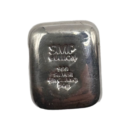 50g SMP Bullion 999 Fine Silver Bullion Cast Bar, Made in Birmingham