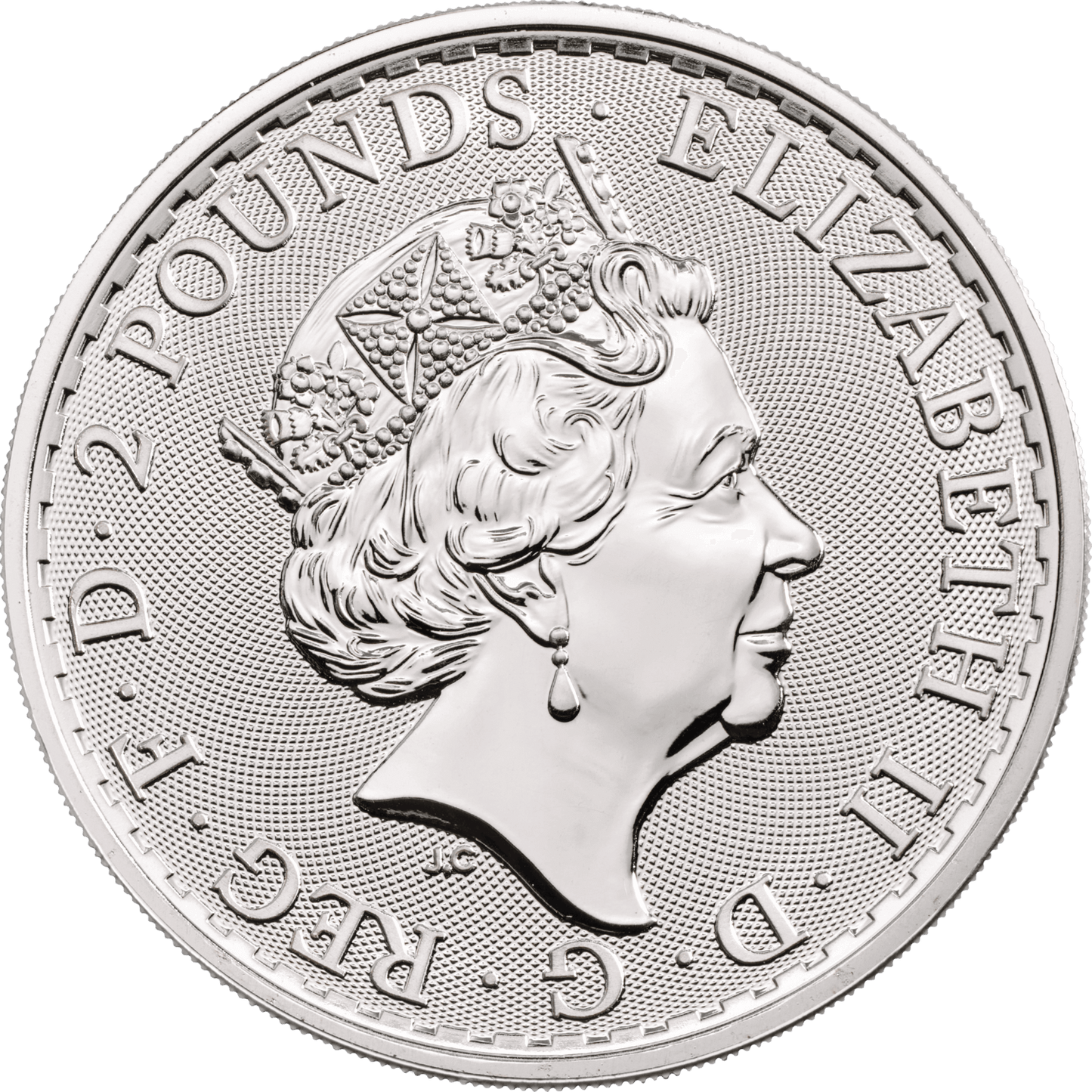 1 oz Silver 2020 Britannia Bullion Coin, obverse, Elizabeth II portrait, denomination 2 pounds.