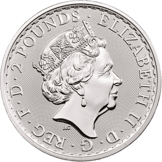 1 oz Silver 2020 Britannia Bullion Coin, obverse, Elizabeth II portrait, denomination 2 pounds.