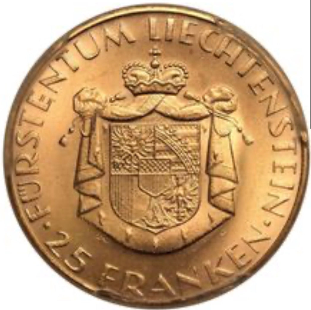 Liechtenstein 1961 .900 Gold 25 Francs 100th Anniversary of National Bank PCGS MS66 5.65g