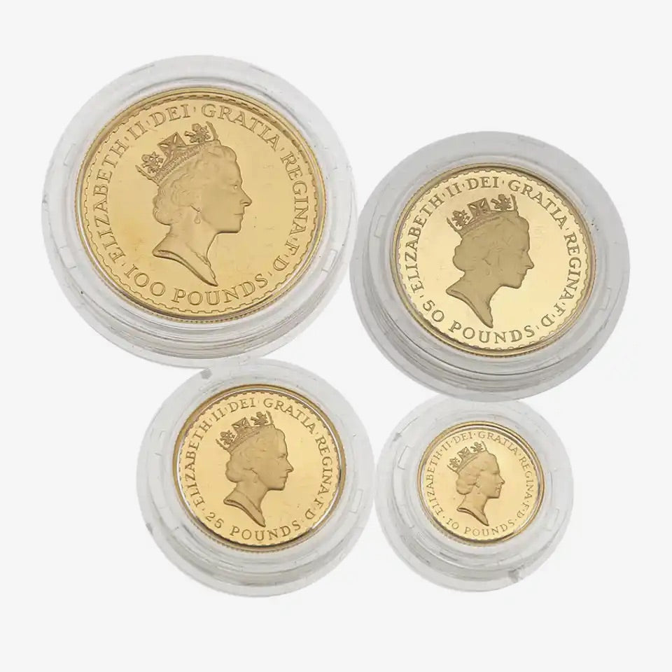 1987 Gold Proof Britannia Coin Set, 4 Coins, 1.85ozt, NGC Graded PF66-68, with QEII portrait.