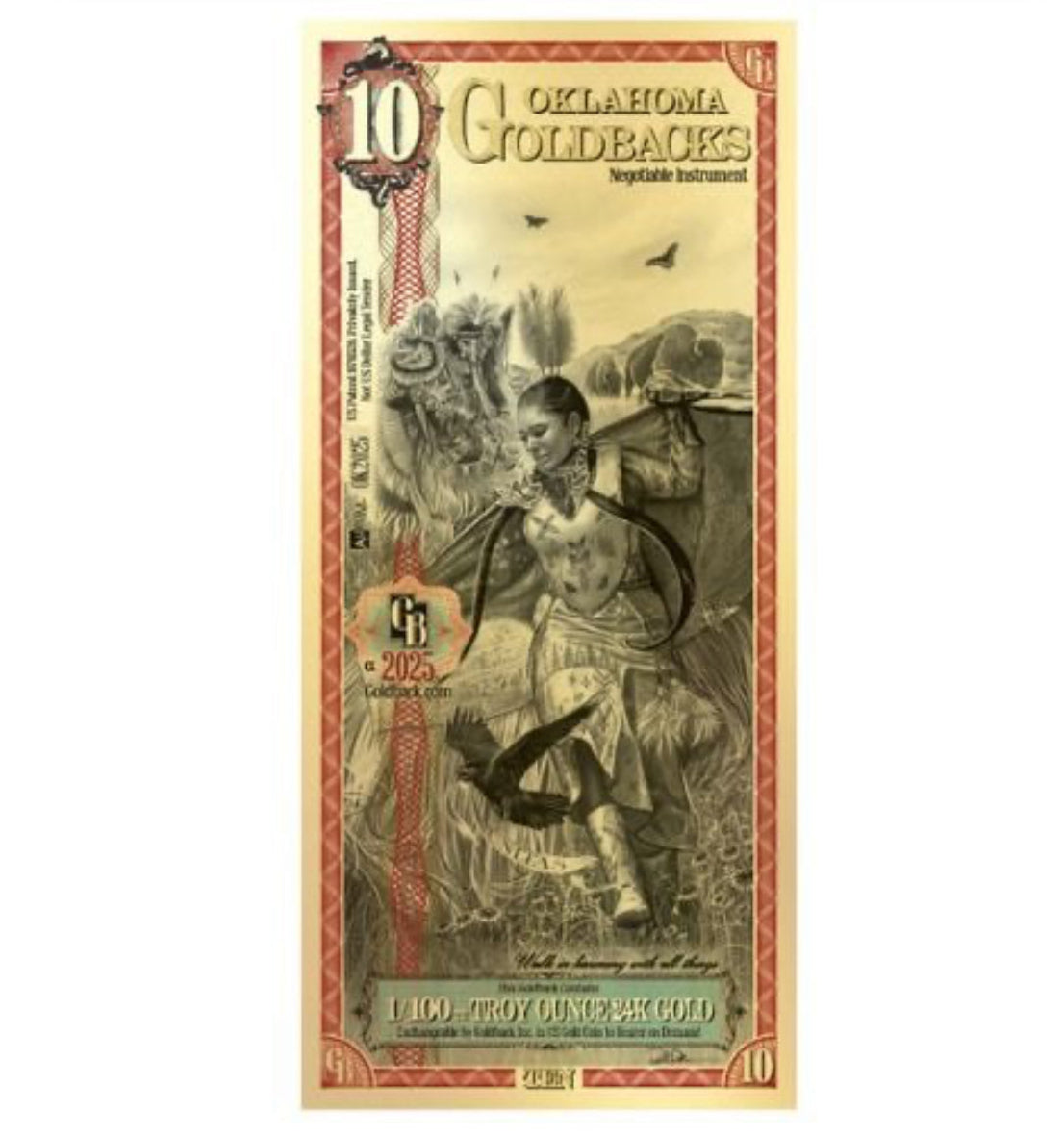 Oklahoma 10 Goldback Note 1/100 oz 24k 9999 Fine Gold Bullion