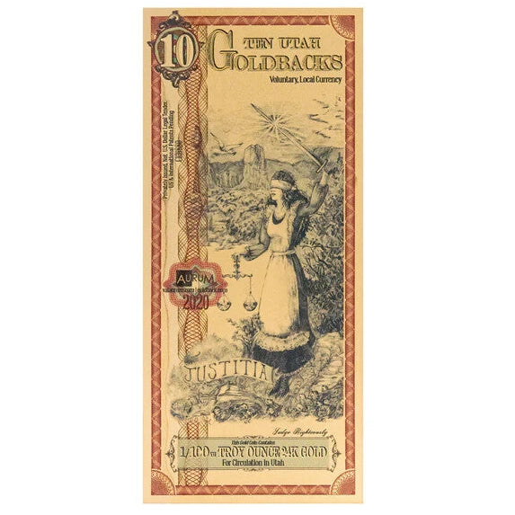 Utah 10 Goldback Note 1/100 oz 24k 9999 Fine Gold Bullion