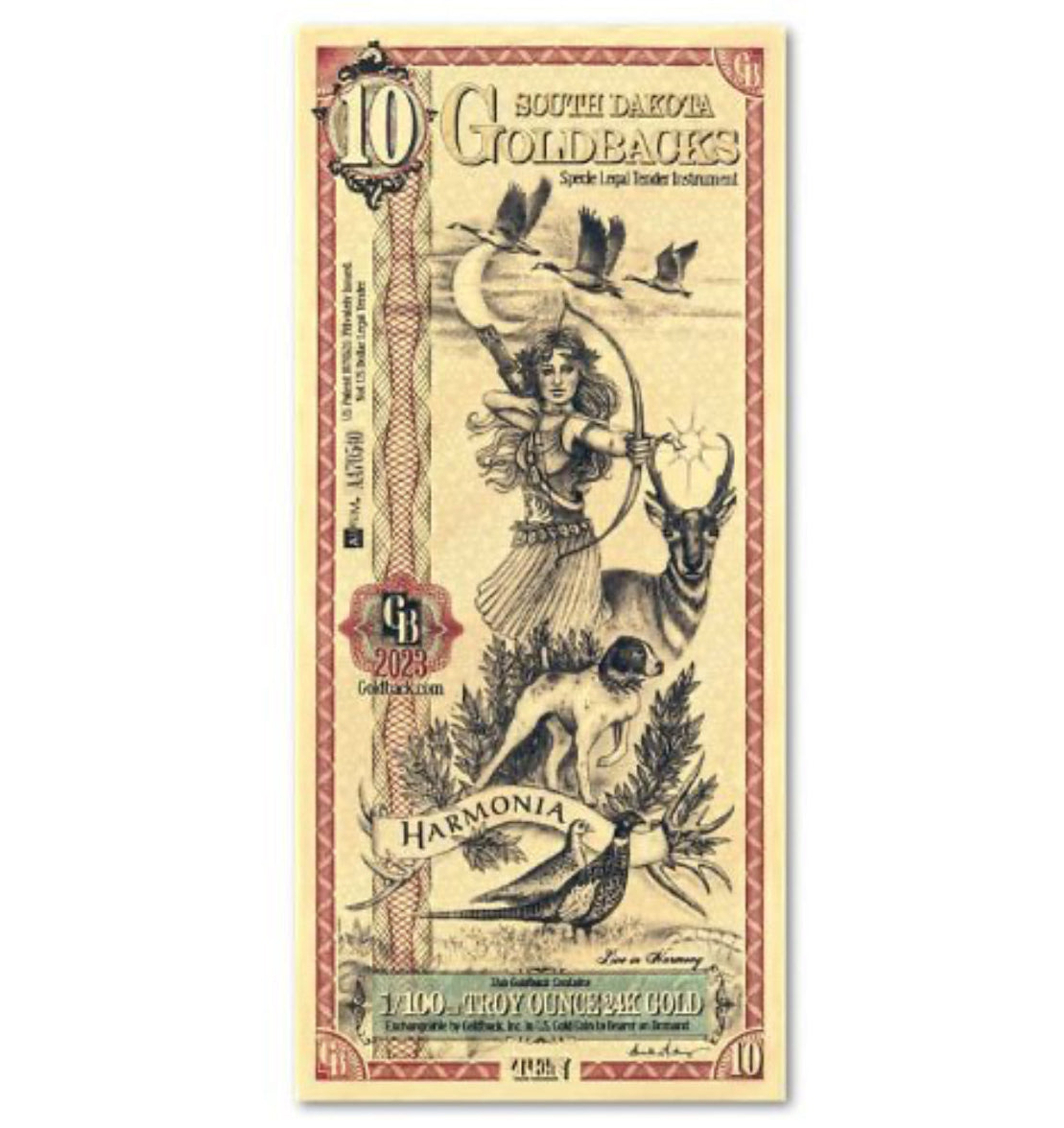 South Dakota 10 Goldback Note 1/100 oz 24k 9999 Fine Gold Bullion