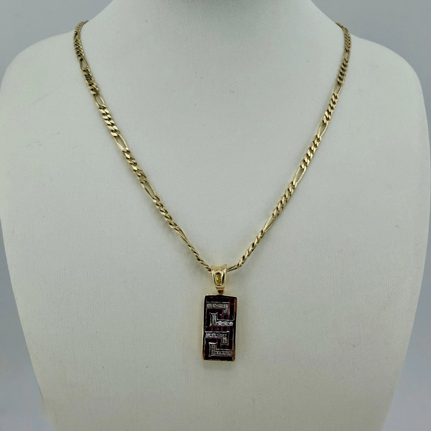 14ct Gold Diamond and Ruby Pendant, on 16in 14k Figaro Chain, Stamped 585 9g