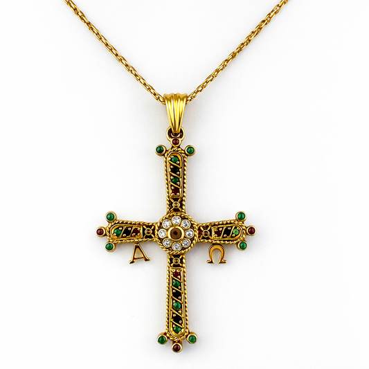 18ct Gold, Ruby, Emerald and Diamond Orthodox Cross. on 18ct 22in Box Chain 14.4g