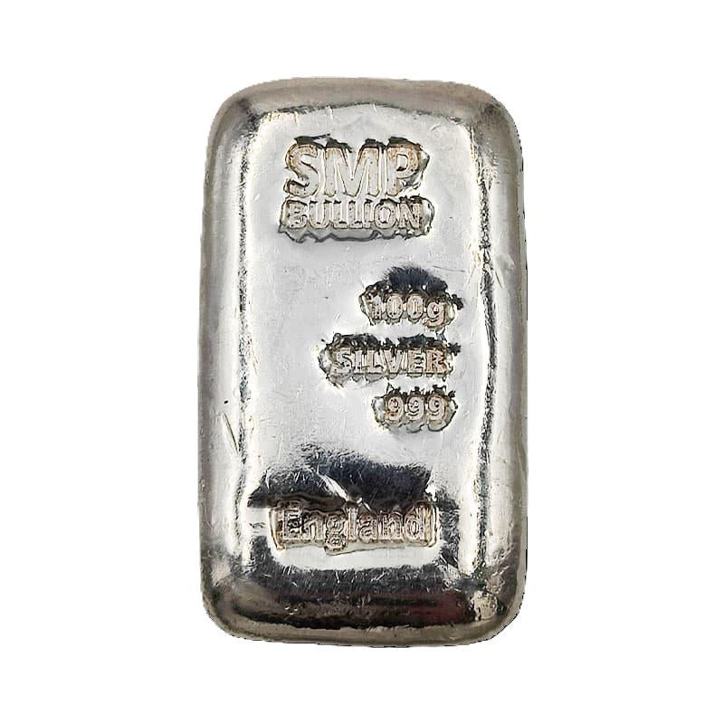 100g Silver SMP Bullion 999 Fine Cast Bar, Produced by SMP Birmingham