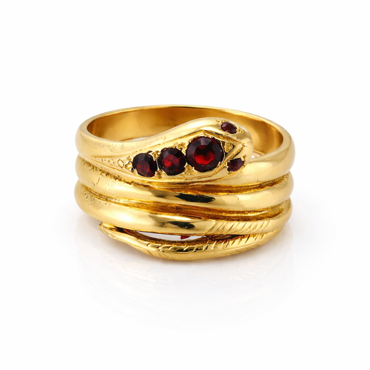 18ct Gold Snake Ring with Garnets, Size Q1/2, 9g, Stamped 18ct