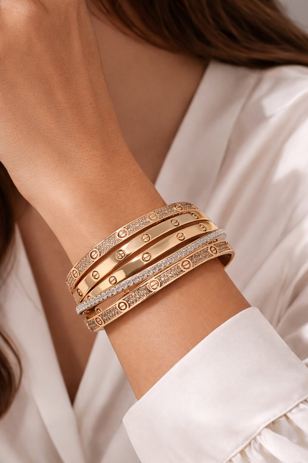 14ct Gold 3-Tone, Diamond Set Stacked Bangle, Approx 1.5ct, 37.4g UK Hallmarked