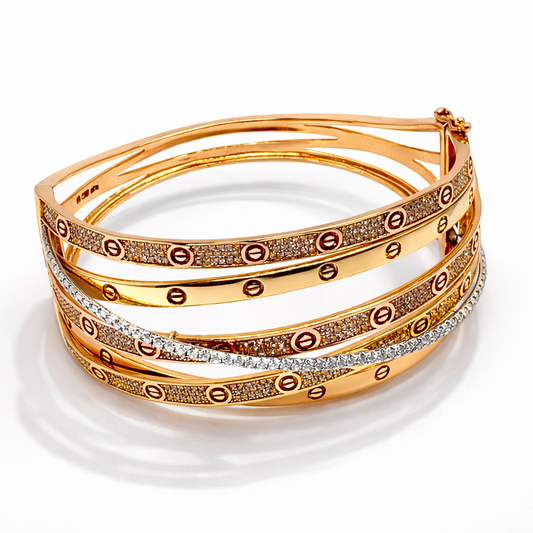 14ct Gold 3-Tone, Diamond Set Stacked Bangle, Approx 1.5ct, 37.4g UK Hallmarked