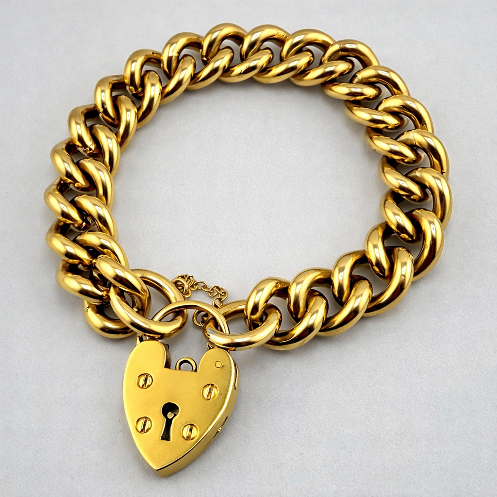 9ct Curb Bracelet, Heavy, Hallmarked, 7in L, 12mm W, 65g Heart Padlock Clasp