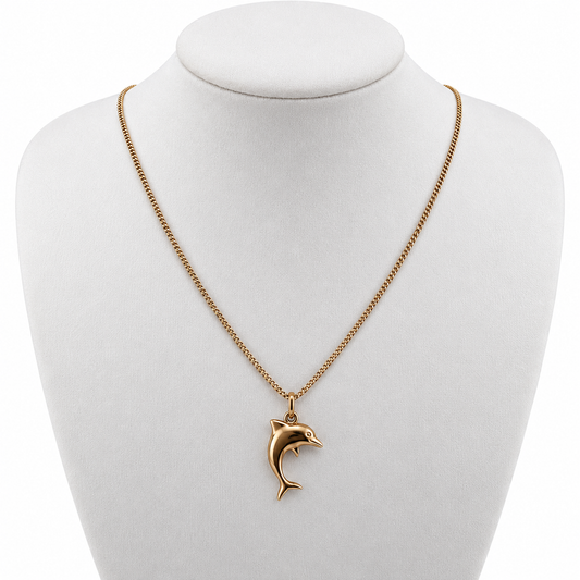 9ct Gold Dolphin Pendant & Curb Chain Necklace 2.88g, 18in L