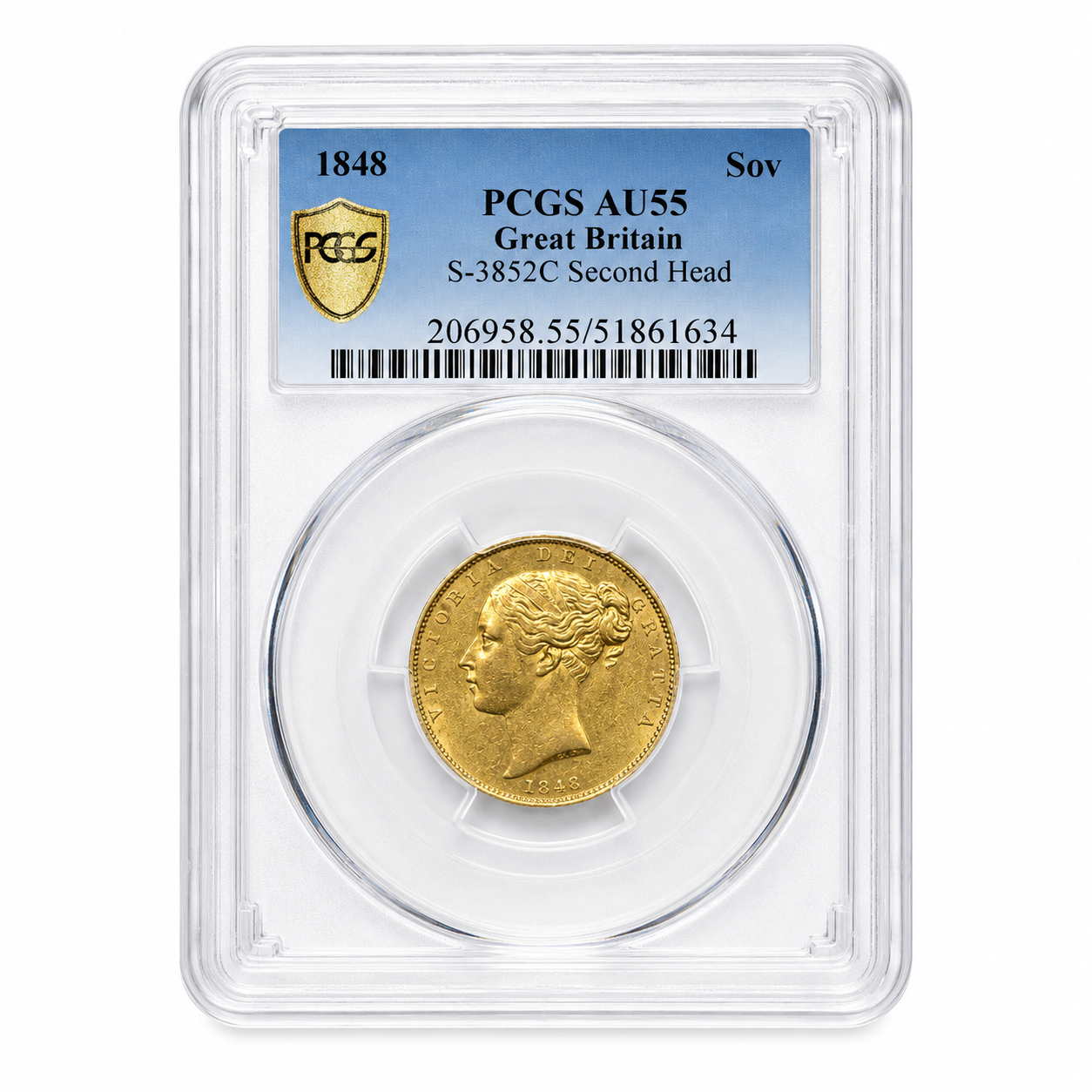 1848 Queen Victoria Shield Reverse Sovereign AU55 PCGS (22ct of 7.98)