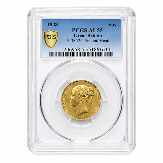 1848 Queen Victoria Shield Reverse Sovereign AU55 PCGS (22ct of 7.98)