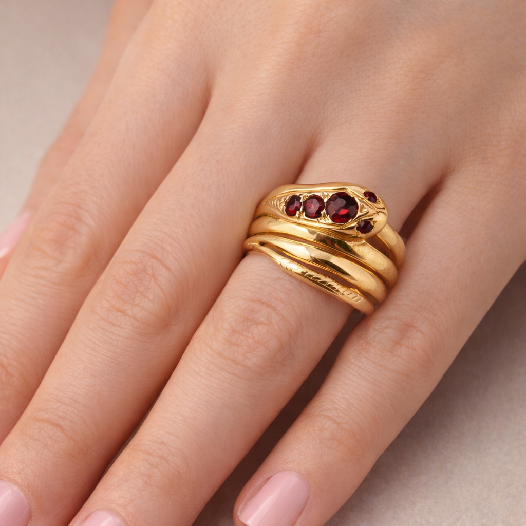 18ct Gold Snake Ring with Garnets, Size Q1/2, 9g, Stamped 18ct