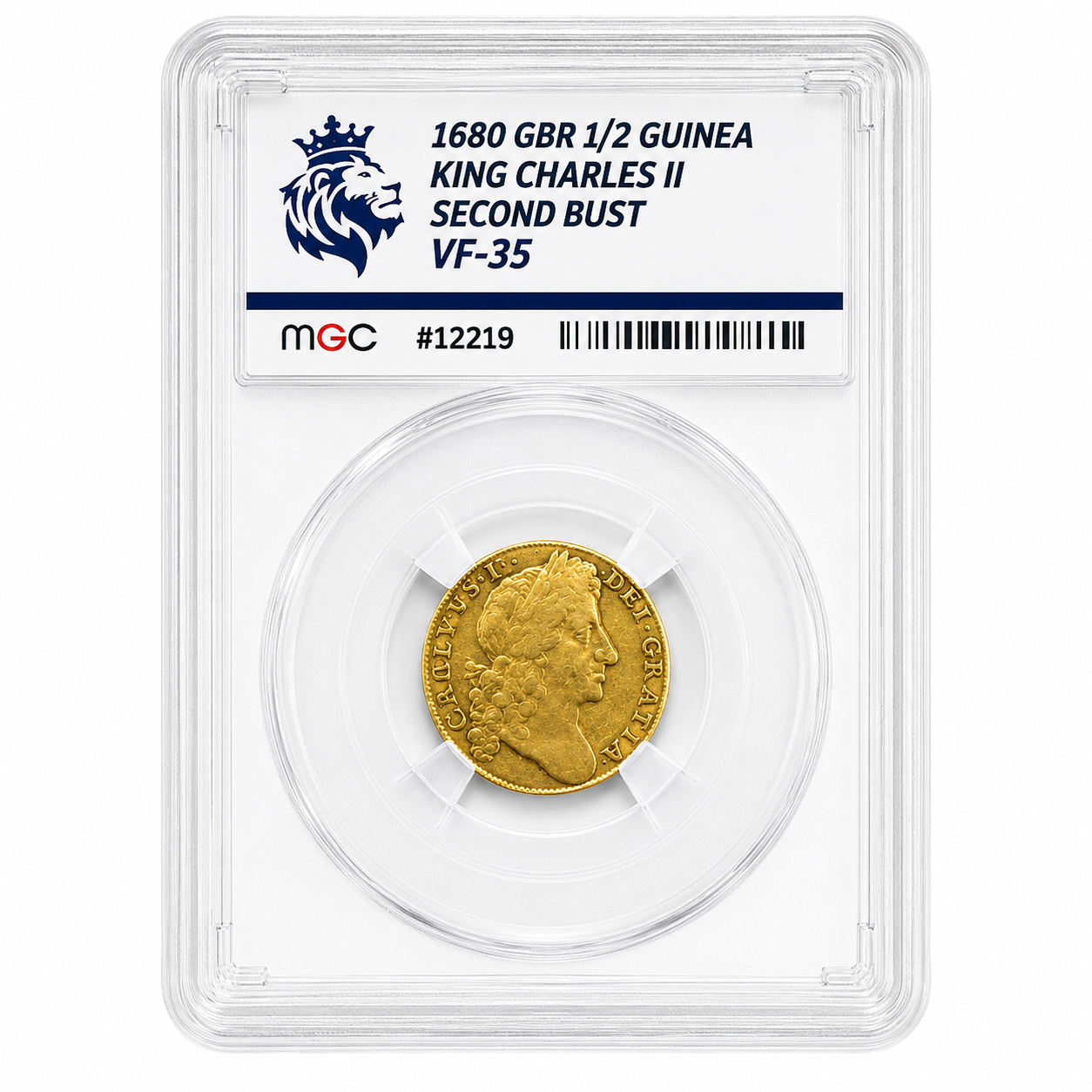 1680 Charles II 2nd Bust Half Guinea Graded VF35 by MGC, approx 4.2g of 22ct Gold