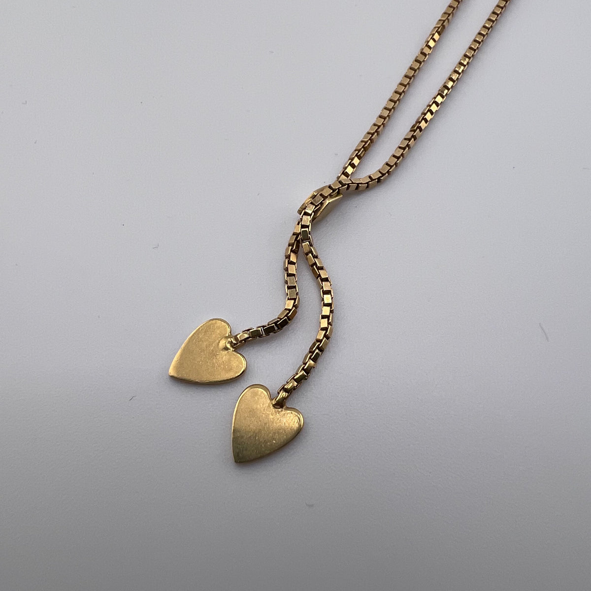 18ct Yellow Gold Double Heart Y Necklace Box Chain 6.59g Stamped 750