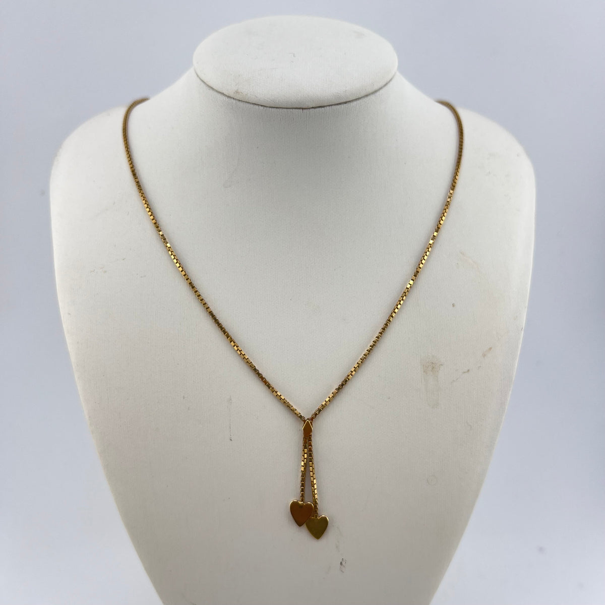 18ct Yellow Gold Double Heart Y Necklace Box Chain 6.59g Stamped 750