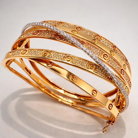 14ct Gold 3-Tone, Diamond Set Stacked Bangle, Approx 1.5ct, 37.4g UK Hallmarked