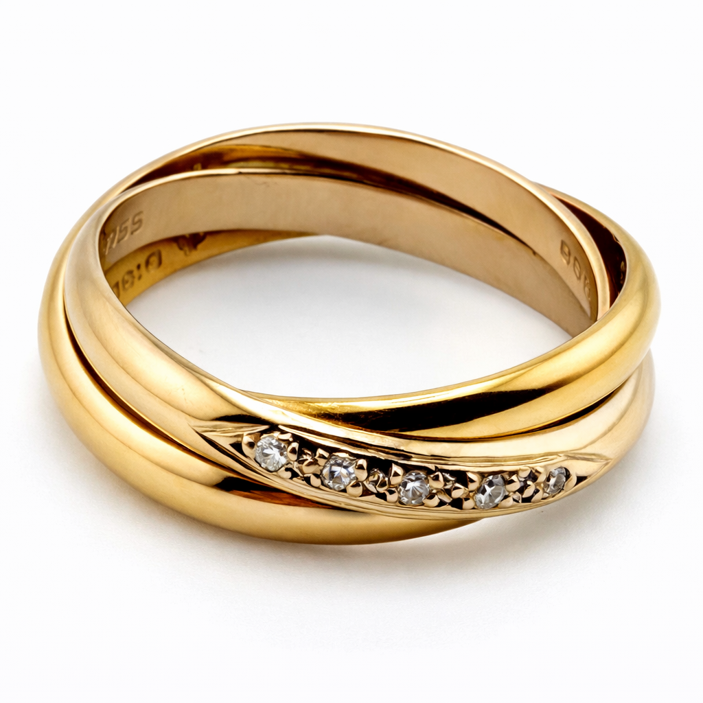 18ct Gold Diamond Trinity Ring, Hallmarked, Size Q1/2, 7.9g, featuring elegant intertwined design with gemstones.