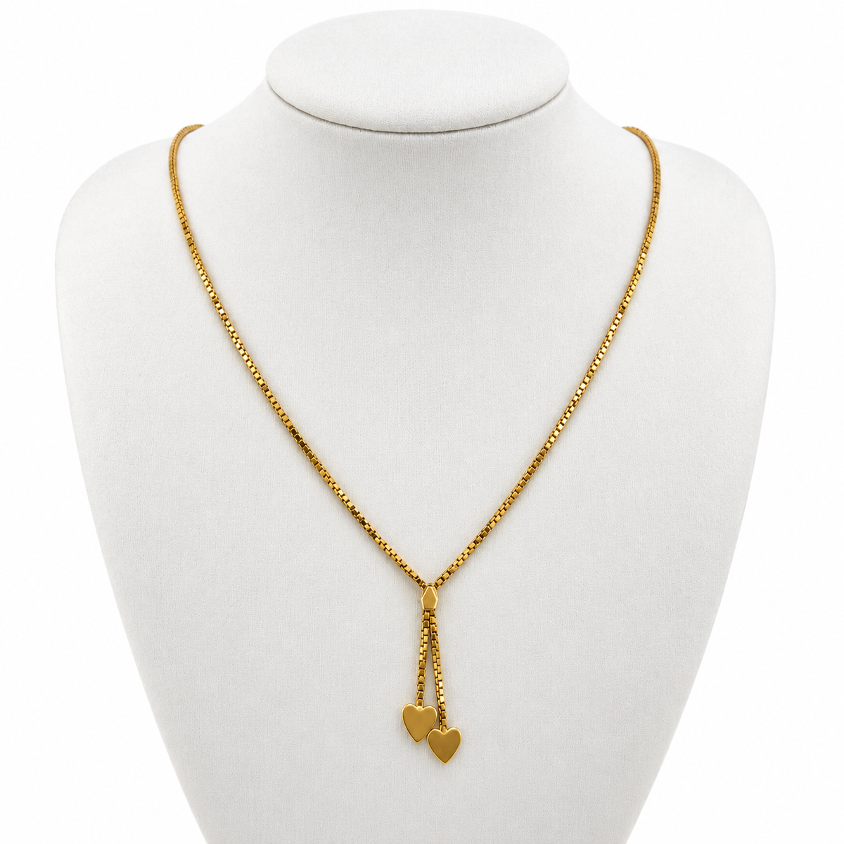 18ct Yellow Gold Double Heart Y Necklace Box Chain 6.59g Stamped 750