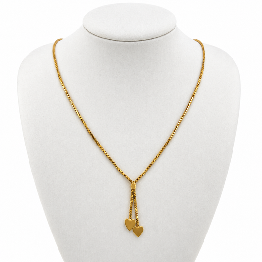 18ct Yellow Gold Double Heart Y Necklace Box Chain 6.59g Stamped 750