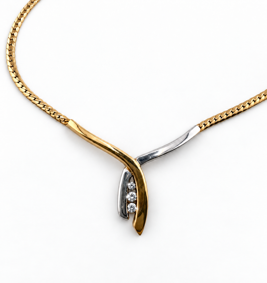 9ct Gold Natural Diamond 2 Tone Crossover Necklace 5.48g UK Hallmarks