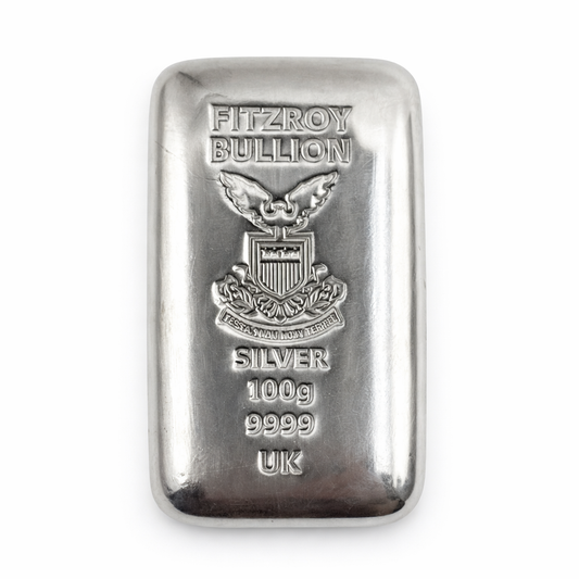 100g Silver Fitzroy Bullion 9999 Fine Cast Bar, Produced by SMP Birmingham