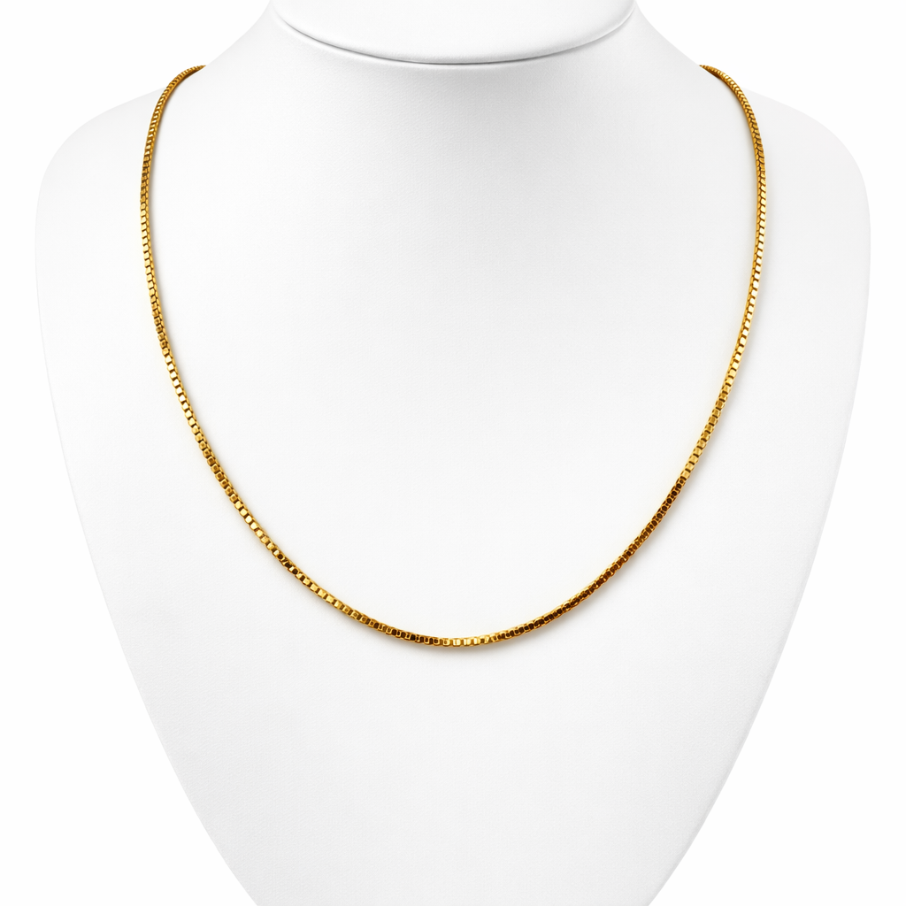 9ct gold box chain necklace, 1mm wide, 18in long, hallmarked, 2.7g, displayed on a white stand.