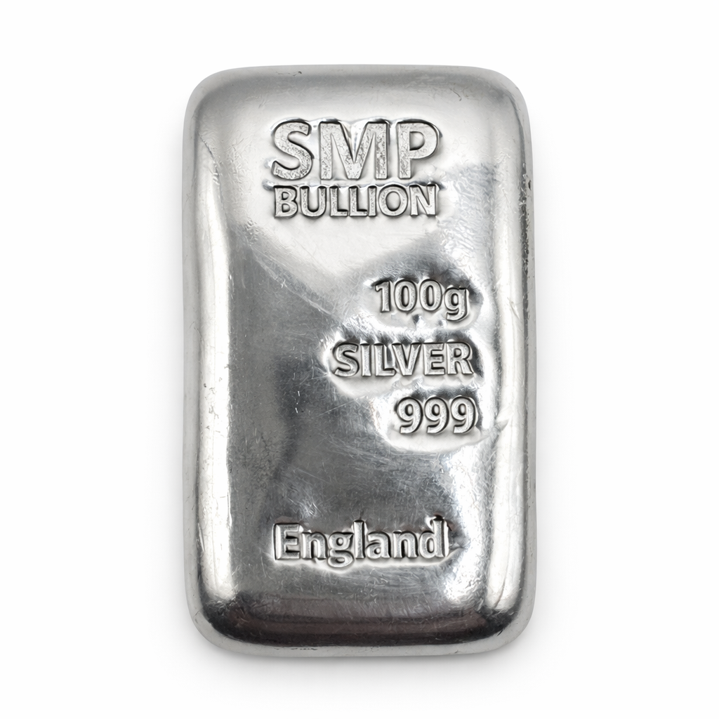 100g Silver SMP Bullion 999 Fine Cast Bar, minted in Birmingham, marked "SMP Bullion," "100g Silver 999," "England.