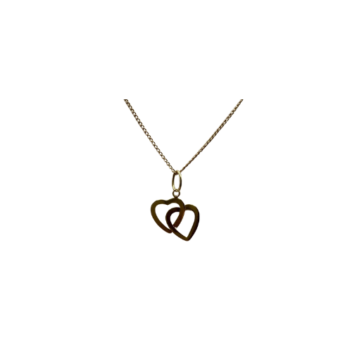 14ct Yellow Gold Fine Curb Chain w/ Double Heart Pendant, 25in, 2.4g Not Scrap