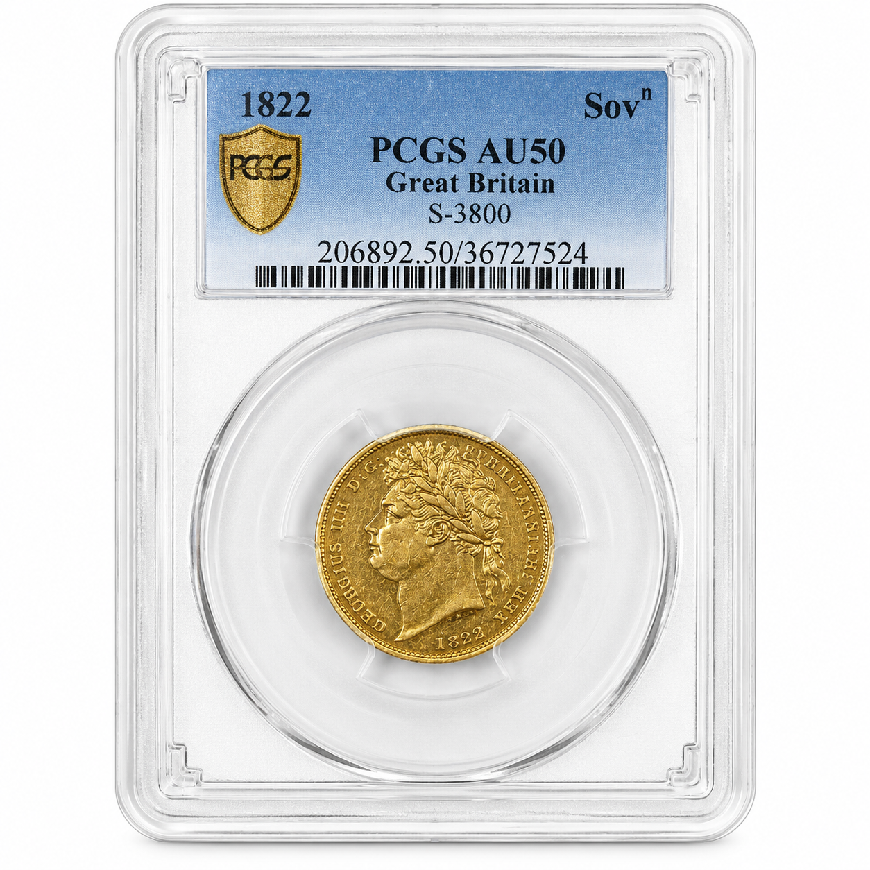 George IV 1822 Full Gold Sovereign, PCGS AU50 (7.98 of 22ct Gold)