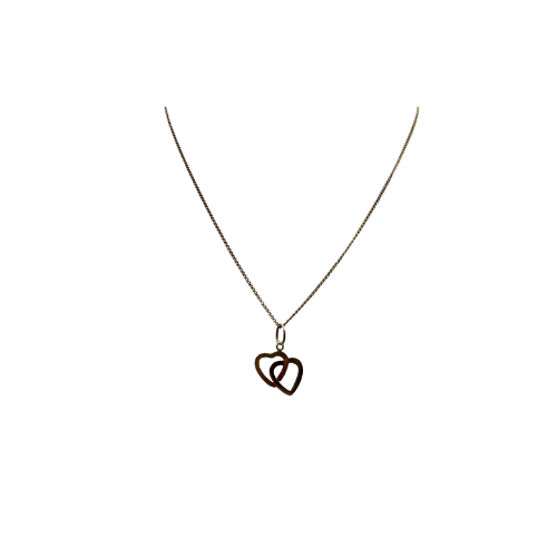 14ct Yellow Gold Fine Curb Chain w/ Double Heart Pendant, 25in, 2.4g Not Scrap