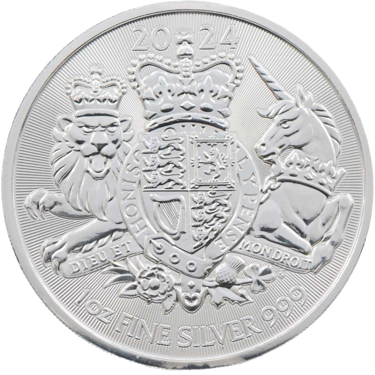 2024 Royal Arms 1oz 999 Silver Coin, Royal Mint, lion and unicorn design, CGT Free.