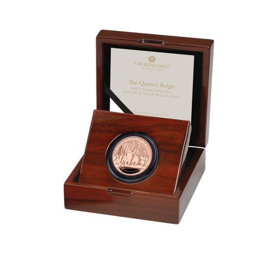 The Queen's Reign The Commonwealth 2022 UK £5 Gold Proof Coin Boxed with COA