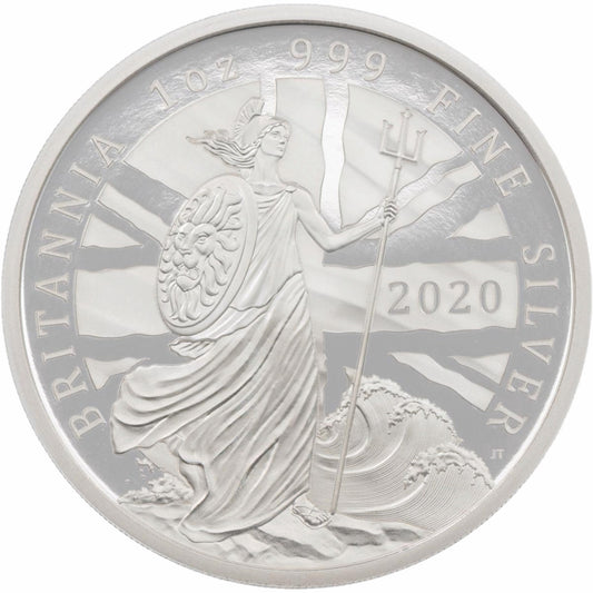 2020 1oz 999 Silver Britannia Proof Coin, featuring Britannia, boxed with COA.