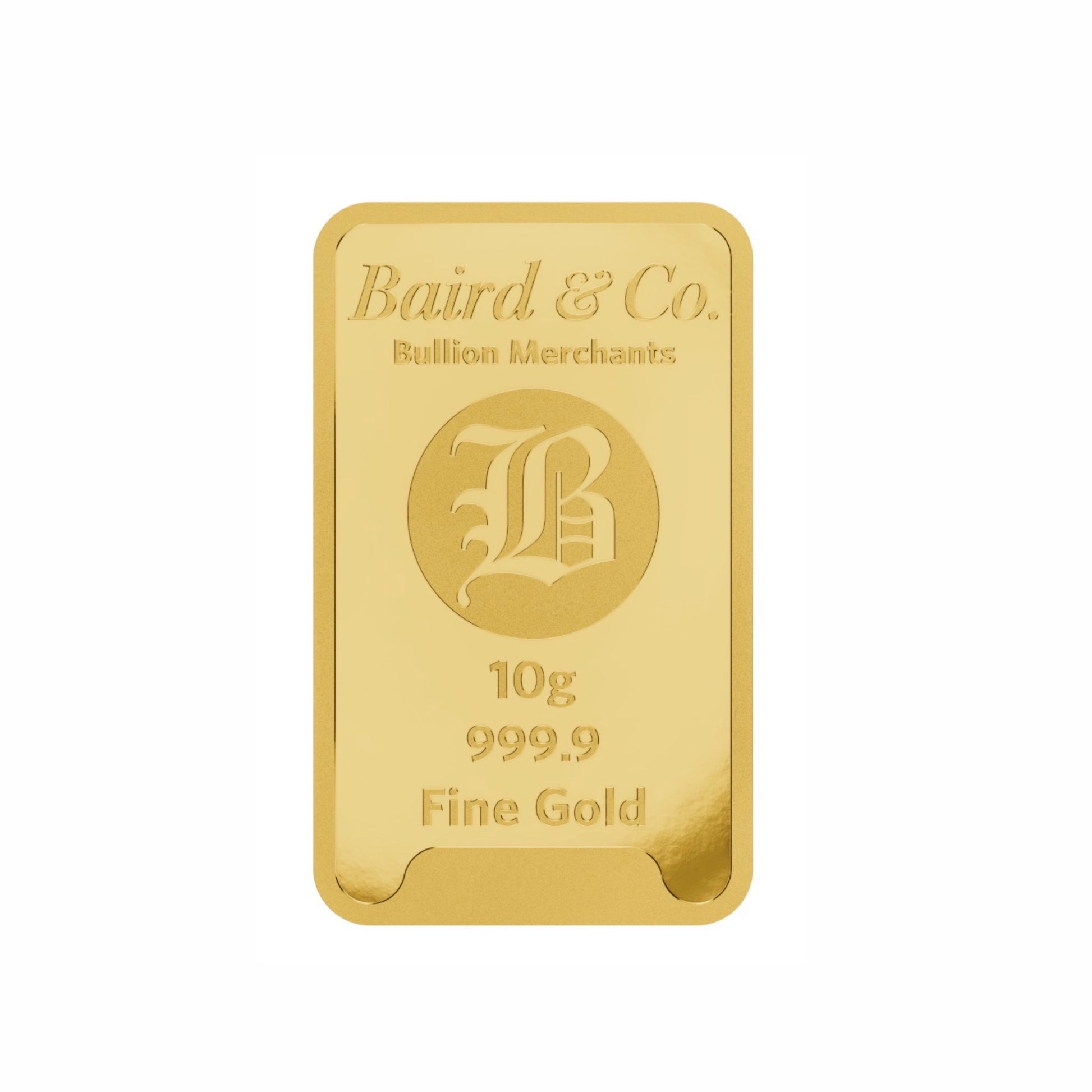 10g 9999 gold bullion Baird & Co London minted bar in assay card.