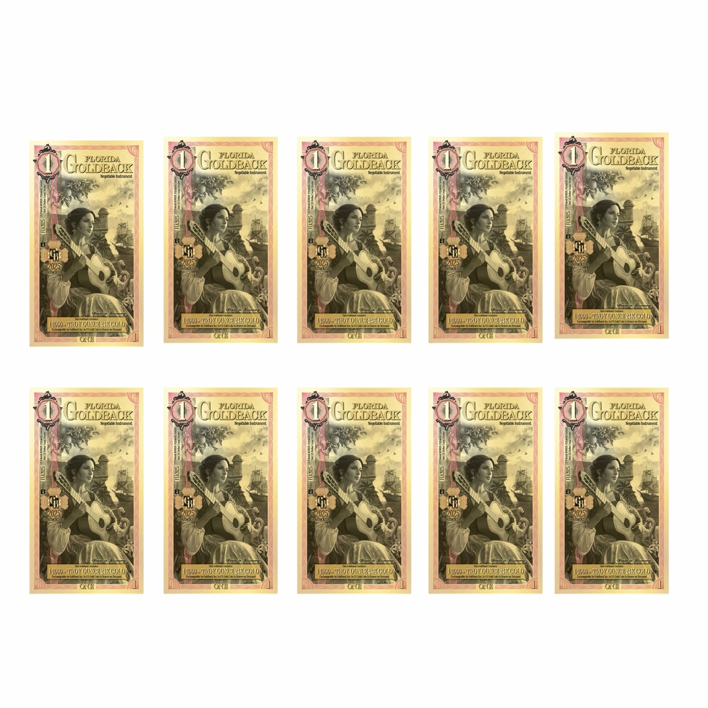10 x 1 Florida Goldback 10 x 1/1000oz of 24k Gold (1/100ozt total, 0.31g)