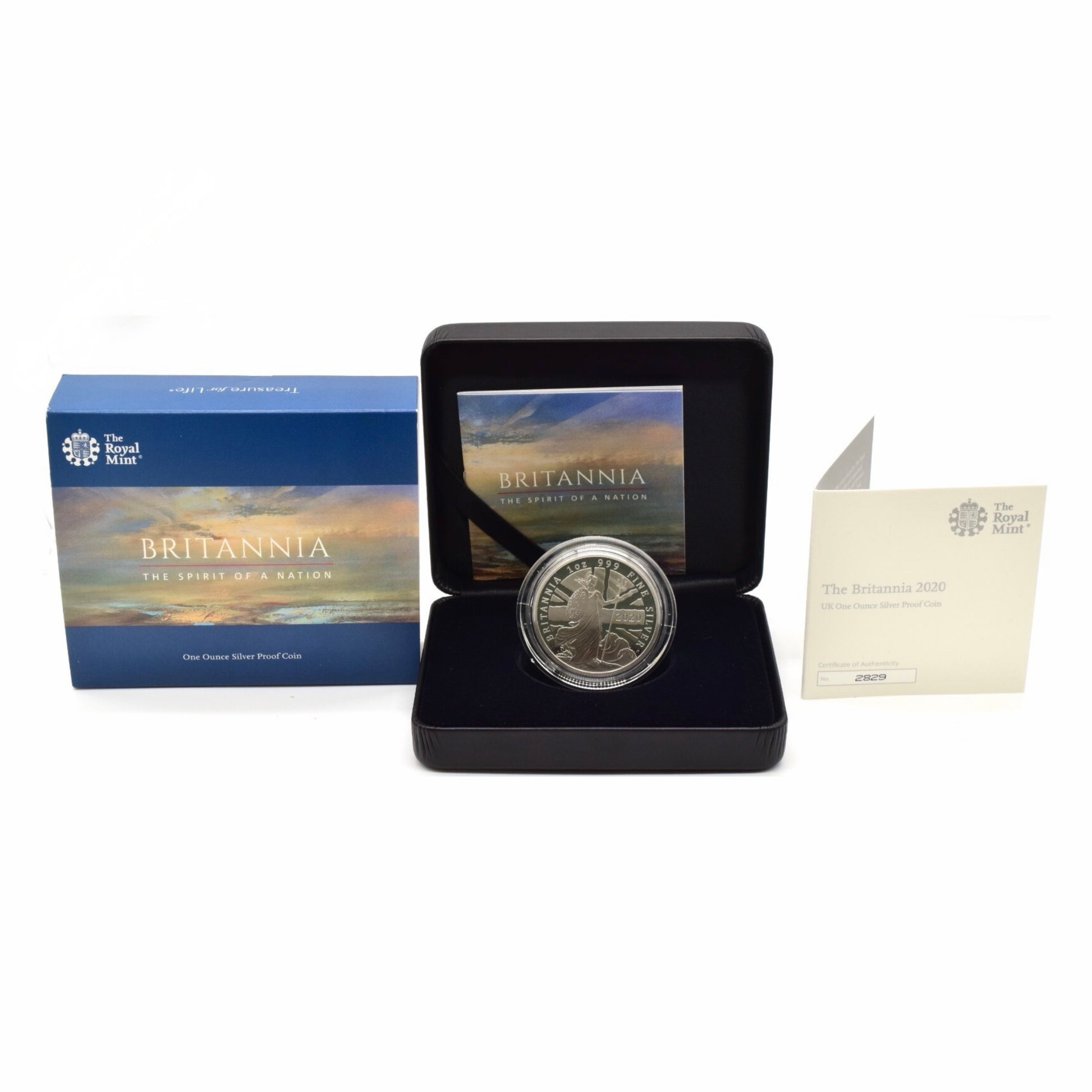 2020 1oz 999 Silver Britannia Proof Coin, in box with COA, The Royal Mint design, collectible UK bullion.