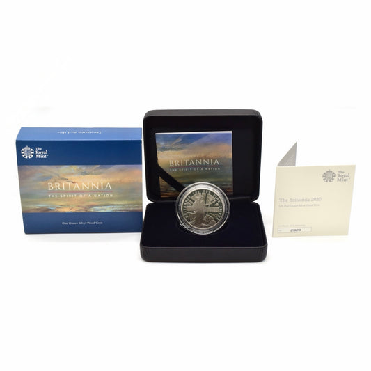 2020 1oz 999 Silver Britannia Proof Coin, in box with COA, The Royal Mint design, collectible UK bullion.