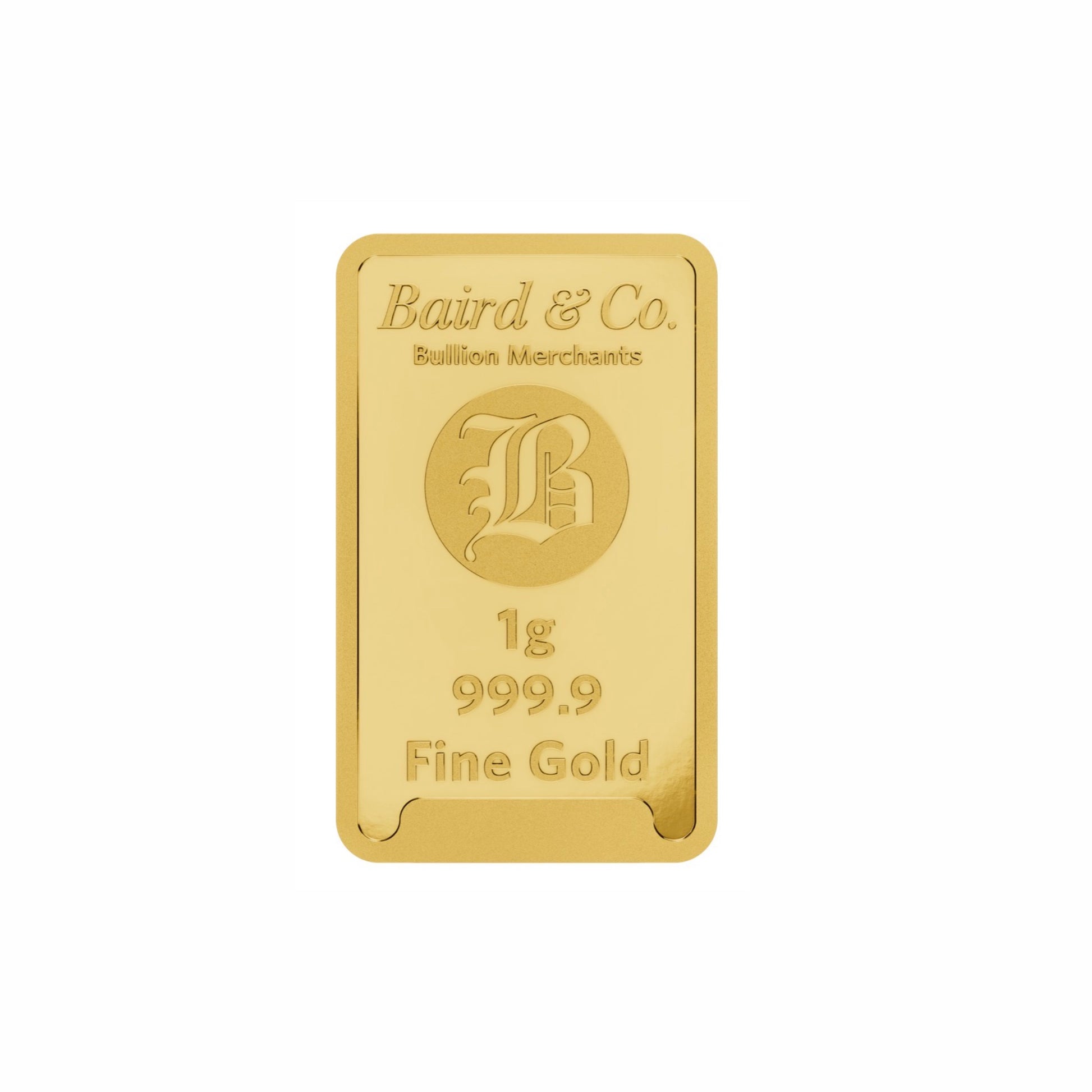 1g 9999 Fine Gold Bar by Baird & Co London in Assay Card.